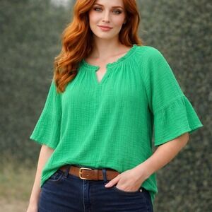 Kelly Green Light and Flowy Bell Sleeve Top in 100% Cotton- Spring Essential